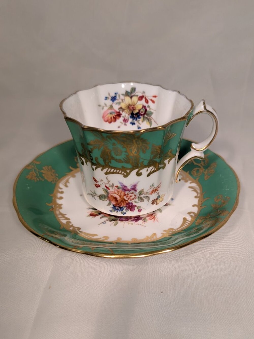 Vintage Hammersley Green Gold Floral Teacup Saucer Fine Bone China England